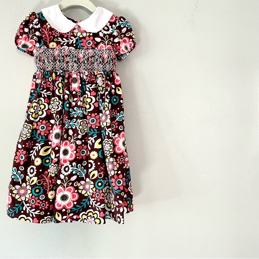 Smocked, peter pan collar floral 4T dress. Brown & multicolored Marmellata Brand